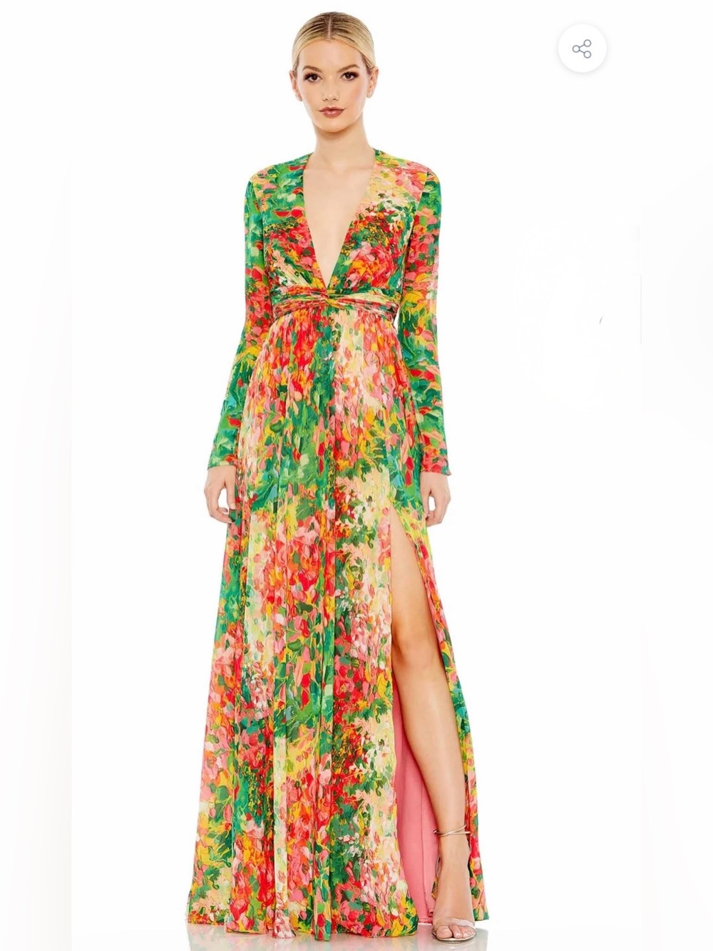 Mac Duggal Green and Pink Floral Long Sleeve Maxi Dress